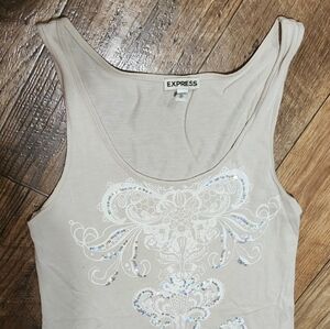EXPRESS FLOWER SEQUIN EMBELLISHED TAUPE TAN TOP XS EXPRESS FASHION